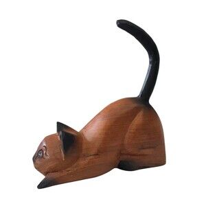 Crouching Pouncing Arched Back Brown Black Cat Blue Eyes Handcarved Solid Wood